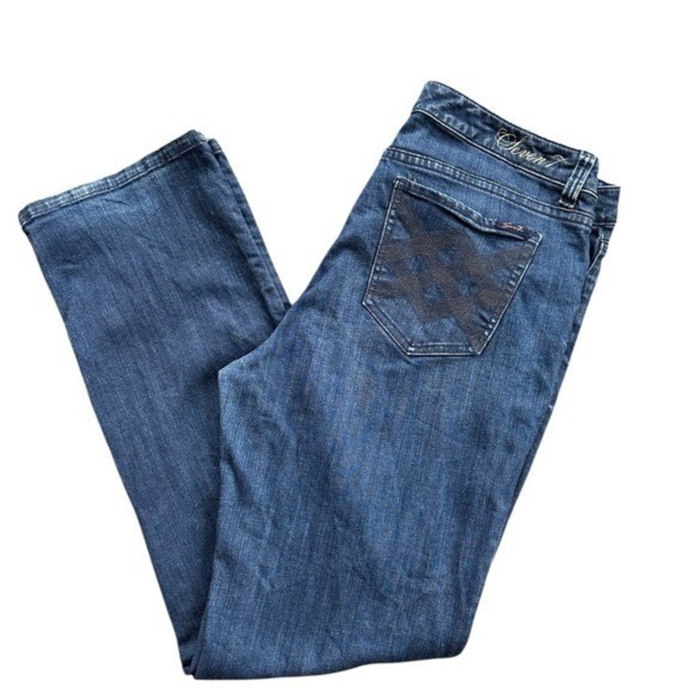 Seven7 Straight Leg Jeans Womens 14 Dark Wash Blue Embroidered Pockets Excellent